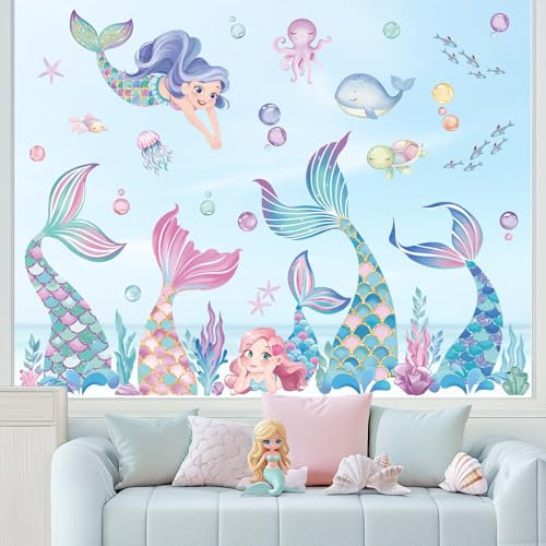 wondever Fenstersticker Unterwasserwelt Meerjungfrau Schwanz Fenster Aufkleber Unter dem Meer Seegras Koralle Fensterbilder Fensteraufkleber Anti-Kollision Doppelseitig Glasaufkleber Glas Deko