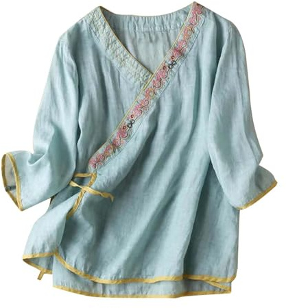 Chinois Style Vêtements Hauts Femmes Coton Lin Chemises Broderie Stylé Hauts Grandes Tailles Tunique Élégant Col en V Chemise Vintage Manches 3/4 Blouse Tunique Enveloppant Costume Tang, vert, 4XL