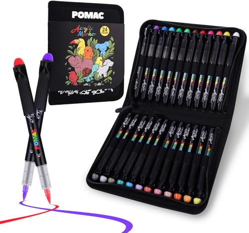 POMAC Acrylic Paint Markers Pens Brush Tip, 24 Assorted Colors Drawing Liquid Paint Marker Waterproof, Water-Based Acrylic Markers for Fabric, Canvas, Rock, Glass, Wood, DIY Crafts and Art Supplies