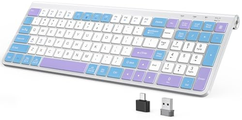 JOYACCESS Tastiera wireless, tastiera ergonomica per computer, silenziosa, compatta, senza fili, a basso profilo, con tastierino numerico per Mac/Windows/PC/desktop/laptop, viola blu