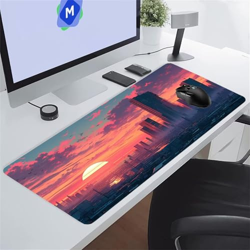 Tapis de Souris Gaming Ville Coucher Soleil XXL Mouse Pad, Grand Tapis Bureau avec Base Anti-Dérapage, Extended Long Clavier Pad Large Mousepad pour PC Gamer et Le Bureau 1500x800x3 mm