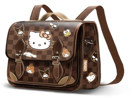 Hello Kitty Squares-Satchel Rucksack-Schultertasche, Braun, 27 x 20 cm