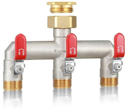 1 pollice Distributore d'acqua 3 vie, distributore da giardino ad alta portata a 3 vie, distributore per rubinetto in ottone nichelato, con manico di prolunga rosso, con adattatore da 3/4 di pollice