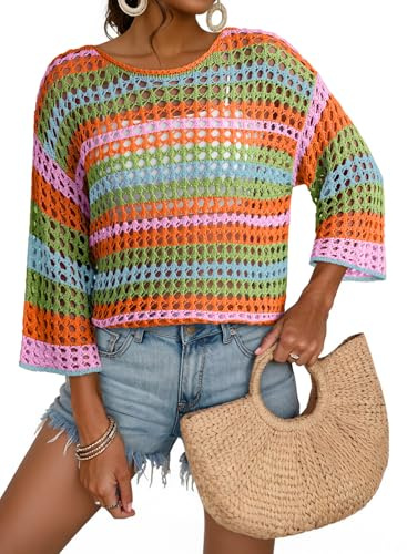 Dokotoo Womens Tops Spring Summer Resort Wear Beach Vacation Short Sleeve Crochet Hollow Out Color Block Striped Round Neck Dressy Casual Lightweight Knit Sweater Fashion Clothing Orange X-Large
