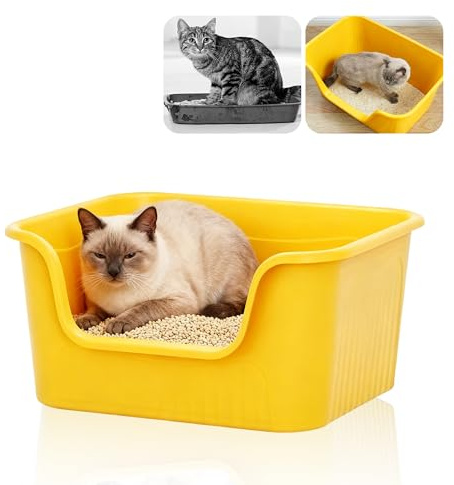 XXL Katzentoilette Gelb & Milchweiß, Geräumige Katzenkiste für Dicke Katzen & Mehrkatzen, Anti-Spritzer Katzenstreuwanne mit Tiefer Einstieg (Gelb)