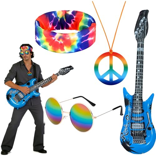 Dongcill 4 Stück Hippie Accessoires Herren 70er Jahre mit Peace Kette, Batik Stirnband, Rainbow Sonnenbrille, Luftgitarre für Faschingskostüm Männer, Rocker Kostüm, Retro Party & Karneval