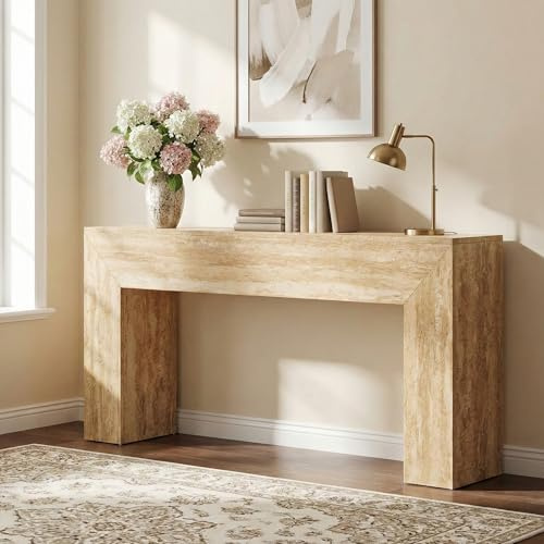 Lailang 160cm Console d'Entrée, Meuble Entrée Couloir, Table D’Entrée en Bois, Console Travertin, Meuble Decoration Salon, Étagère Arrière Canapé, Console Fine, 160 x 30 x 80 cm, Beige