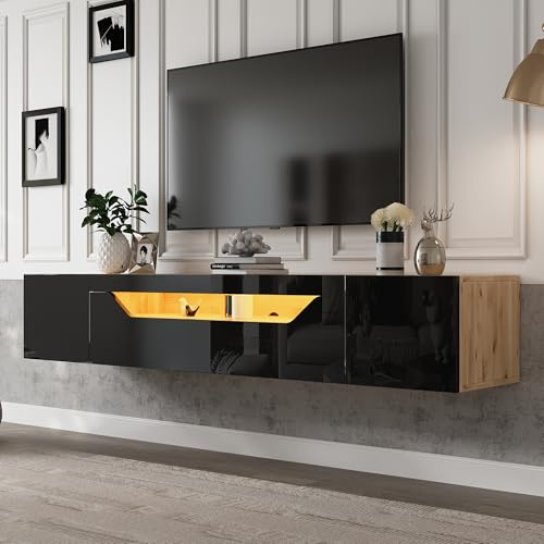 Coolfish Floating TV Stand Cabinet w/LED Lights, High Gloss TV Unit w/Pull-Down Door, Wall Mounted TV Entertainment Center w/ 2doors, for Livingroom Bedroom, Holds TVs up to 75, 180x37x36cm Black