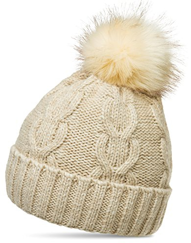Caspar MU175 Damen Winter Mütze Strickmütze Bommelmütze mit großem Fellbommel, Farbe:beige, Größe:One Size