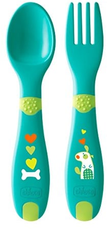 Chicco Premiers Couvert en Plastique, Couverts Pour Enfants, Fourchette Et Cuillère, Petit, Léger, Facile à Saisir, Finition Antidérapante, 12M+, 2 Pièces, 0% BPA, Vert