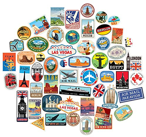 Luggage Stickers 54x Suitcase Patches Vintage Travel Labels Retro Vintage Graffiti iPhone car stickerbomb Style Vinyl Decals Door Skateboard Cafe Fridge Patches