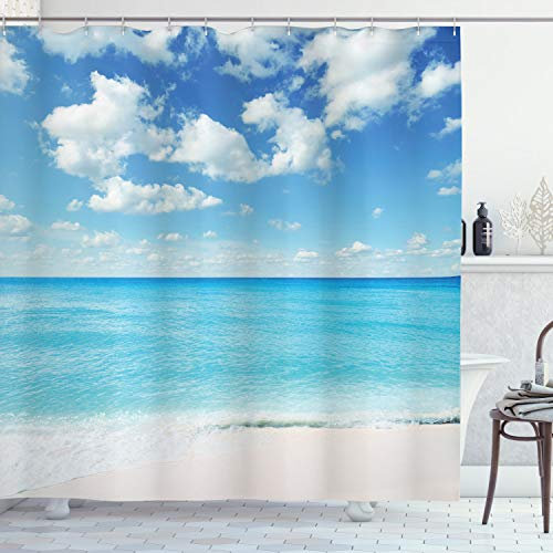 ABAKUHAUS Tropisch Duschvorhang, Exotischer Strand Vivid Sky, Stoffliches Gewebe Badezimmerdekorationsset mit Haken, 175 x 240 cm, Sky Blue Aqua