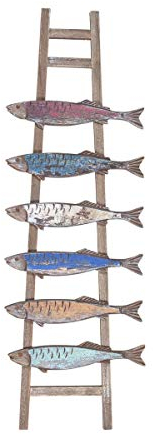 CAPRILO. Adorno de Pared Decorativo de Madera Escalera Peces. Cuadros y Apliques. Verano. Muebles Auxiliares. Regalos Originales. Decoración para el Hogar. 23 x 2 x 70 cm.