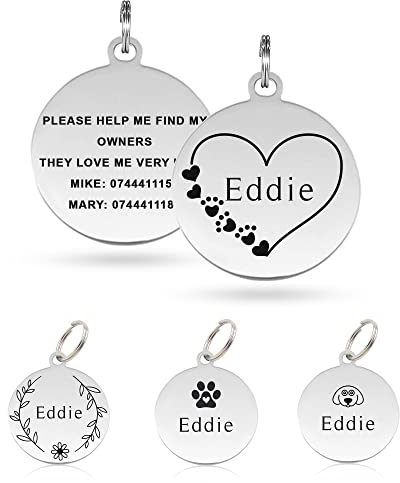 Paul Clover Deep Engraving Personalised Dog Tag ID Name Tags for Cat Puppy Pet Collar Tag Dog Collar Tag Dog Cat Pet ID Tag Pet Owner Gift (Bone Black - L) (Round Stainless Steel Silver, Small)