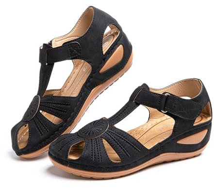 Sandale Femme Compensées Confort Mules Été Et Nu-Pieds Plateforme Plate Chaussures Bout Fermé Sandale Bride Cheville 2 Noir 40 EU