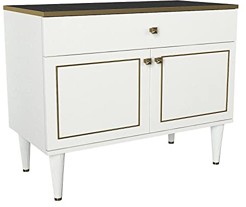 moebel17 6047 Ravenna Kommode Sideboard Anrichte, Holzoptik, modern, Weiß Marmoroptik, 2 Türen, eine Schublade, goldene Verzierungen, Viel Stauraum, für Wohnzimmer, Flur, 90 x 75 x 45 cm