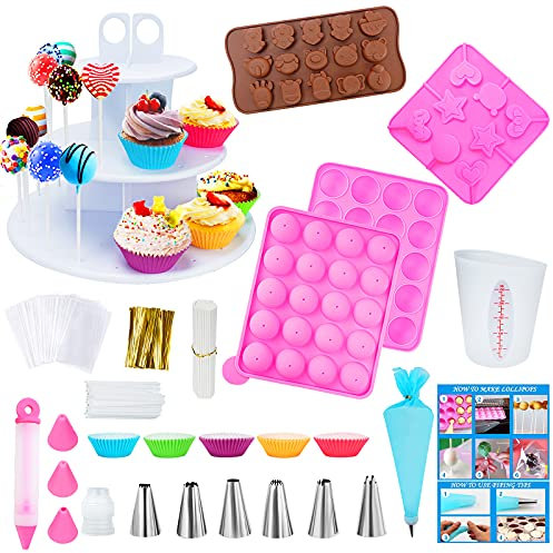 Ranchitel Cake Pop Maker Kit with 3 Silicone Mold Sets - 3 Tier Display Stand, Piping Tips and Coupler, Measuring Cup, Muffin Cupcakes, Decorating Pen, Lollipop Sticks, Candy Bags and Twist Ties