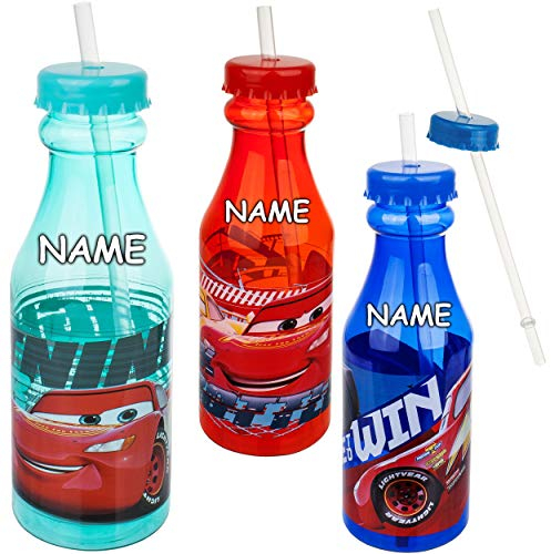 alles-meine.de GmbH 3 Stück Trinkbecher/Trinkflaschen/Trinkgläser - Cars - Auto - Lightning McQueen - inkl. Name - mit Strohhalm & Deckel - BPA frei - 420 ml - Kunststoff P..