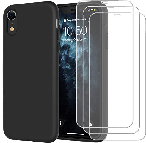 Xxmbbjy Cover Compatibile con iPhone XR, 3 Pezzi Pellicola Protettiva in Vetro Temperato, Custodia Ultra Sottile Morbido TPU Silicone Antiurto Protettiva Case per iPhone XR- Nero
