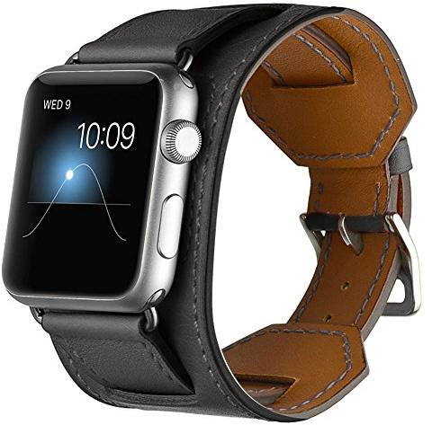 Aergood kompatibel mit Apple Watch Armband 42mm 41mm 40mm,Cuff Lederarmband Ersatzband für Damen Herren,Vintage Leder Armbänder für iWatch 10/9/8/7/6/SE/5/4(40/41/42mm,Schwarz)