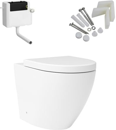 Comfort Height Back to Wall Rimless Toilet Pan with Concealed Cistern Gloss White Ceramic Round Shape with Soft Close Seat – Accessible Bathroom Fit (Elva)