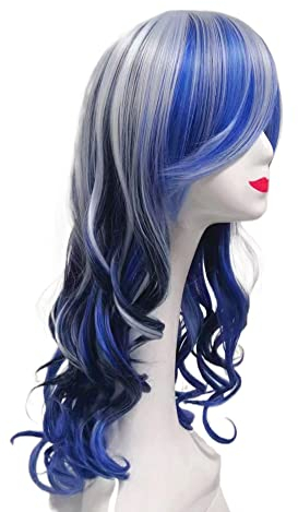 Prettyland Damen lange Perücke mehrfarbig bunt Regenbogen Welle Locken Cosplay Event Party Wig blau lila c1668