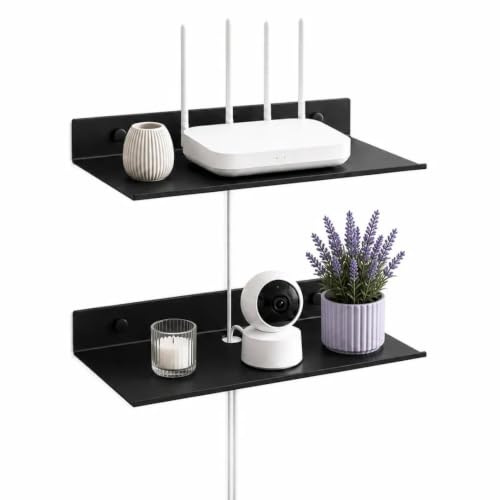 Z metnal Metal Floating Shelves with Cable Clip, Small Shelves for Speaker Router Cameras, Wall Mounted, Display Shelf, 12 inch, 2 Pack