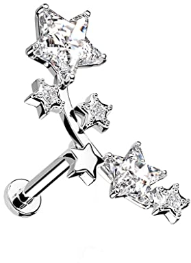 Treuheld® Labret Piercing mit Kristall Sternen | 2 Größen | 3 Farben [1.] - silber - 1.2mm x 6mm