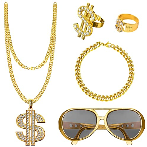 TOPJOWGA 5 Stück Hip Hop Kostüm Set, Hippie Accessoires, Hip Hop Dollar Ring Halskette Brille, 80er Outfit Herren Kostüm Hiphop, 80er 90er Rapper Zubehör für Fasching & Karneval Cosplay Kostüm