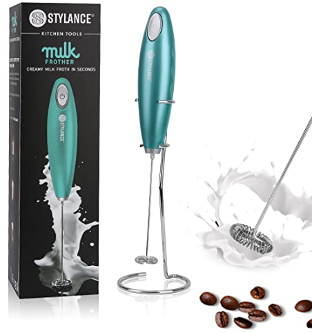 STYLANCE Batidor espumador de leche espumador capuchino para leche espumadora de leche capuchino, gris, incluye soporte, sin batería (Sky Blue)