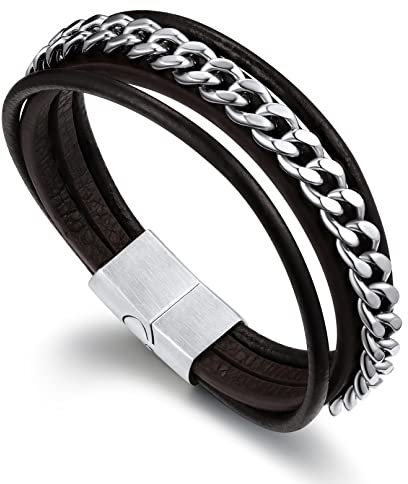 Bandmax Herren Lederarmband Edelstahl Panzerarmband Länge 21 CM Kubanisches Armband Panzerkette Armband mit Magnetverschluss Leder Armband Paare Schmuck Accessoires für Vatertag Geburtstag