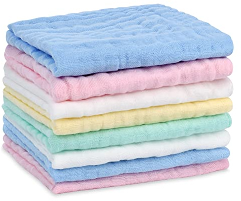Aolso Baby Musselin Waschlappen, 8 Stück Bio-Baumwolle Baby Waschlappen, Mehrzweck Baby Handtücher Set, Waschlappen Kinder für Neugeborene, Saugfähig, 25 * 25cm