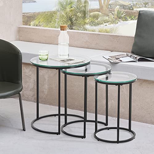 [en.casa] Set de 3 Tables D'Appoint Rondes Bouts de Canapé Gigognes de Tailles Différentes pour Salon Chambre Métal Verre Trempé Clair Noir Transparent