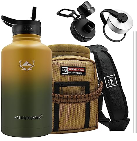 NATURE PIONEOR Insulated Water Bottles with Straw - 64oz Stainless Steel Vacuum Bottle with Holder/Carrier/Sleeve - Reusable 18/8 Food Grade Half Gallon Water Jug