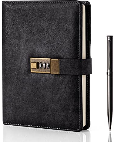 WEMATE Diary with Lock, A5 PU Leather Journal with Lock 240 Pages, Vintage Lock Journal Password Protected Notebook with Pen & Gift Box, Lock Diary Planner Organizer for Men and Women, 8.6x5.8in Black