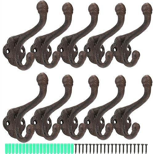 Peohud 10 Pack Cast Iron Coat Hooks Vintage, Rustic Wall Mounted Hook, Farmhouse Coat Hangers, Heavy Duty Double Hooks, Decorative Hook for Hanging Coats, Bags, Caps, Hats, Towels, Keys