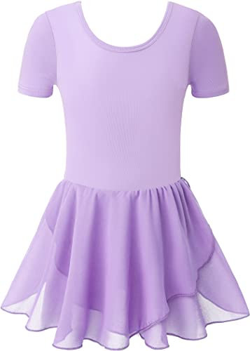 DANSHOW Ragazze Balletto Body per Danza Manica Corta Criss-Cross Back Abiti Ginnastica Balletto Body, Viola Manica Corta, XXL