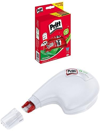 Pacchetto di Pritt Colla Stick 5 X 43 gr + Pritt Correttore Eco Flex Roller, Correttore a nastro ad applicazione laterale, 4.2mm x 10m
