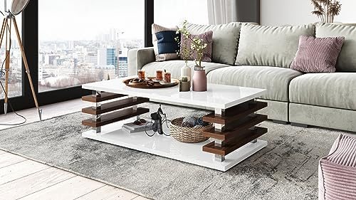 DC-3 Couchtisch Weiß Hochglanz/Nussbaum 120x60cm mit Ablage modern stabil vielseitig Wohnzimmertisch Beistelltisch Sofatisch Zeitloses Design platzsparend robust Wohnzimmer ohne Rollen
