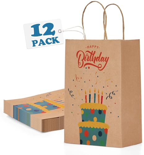 Switory 12 Stück Geburtstag Geschenktüten, Braun Party Papiertüten Klein Papiertüten mit Henkel zum Mitgebsel Kindergeburtstag, Geschenken, Party 15x8x21CM