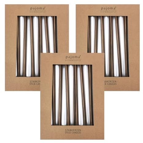 Stabkerzen 30er-Set | Metalic - Silber | Höhe 25 cm ø 2,2 cm | Brenndauer 7 Stunden - Premium Qualität | einfarbige Spitzenkerzen | pajoma®