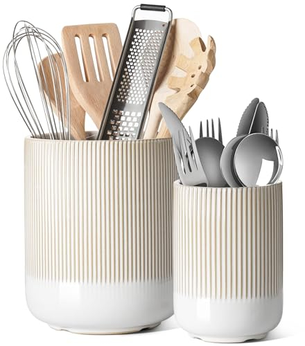 LE TAUCI Utensil Holder, 18.5+14cm Ceramic Kitchen Utensils Holder, Large Cooking Utensil Pots for Kitchen Counter, Morden Utensil Organizer for Spatula, Set of 2, Reactive Glaze Arctic White