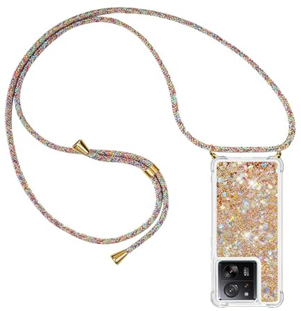 YAMCCCSE Handykette für Xiaomi 13T 5G/Xiaomi 13T Pro 5G Hülle mit Band, Silikon Durchsichtig Transparent Flüssig Glitzer mit Kette Kordel Treibsand Necklace TPU Schutzhülle Case，Golden