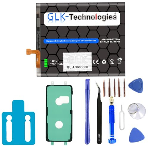 GLK-Technologies® Batteria di ricambio ad alta potenza, compatibile con Samsung Galaxy S21 Ultra G998B EB-BG998ABY, batteria 5200 mAh, incl. set di attrezzi professionali NUE 2025 BJ