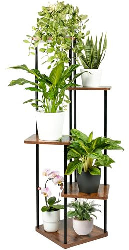 TTL HOME Support à fleurs TOWER - 5 étages 105 cm de haut Support pour plantes Design Bois Chêne & Métal noir - Décoration intérieure pour salon Support & Étagère à fleurs Étagère à plantes Support à