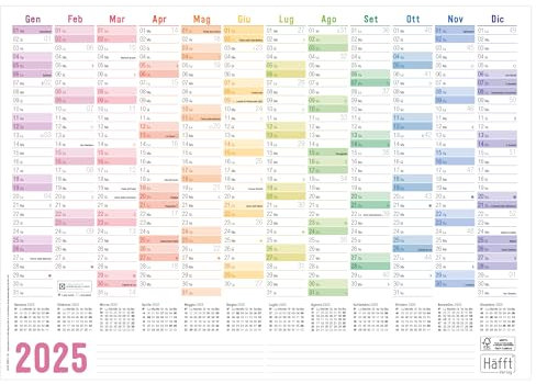 Häfft® Wandkalender 2025 A3 auf Italienisch (42 x 29,7 cm) gefalzt Rainbow, Wandplaner mit italienischen Feiertagen + extra A4-Kalender - nachhaltig & klimafreundlich