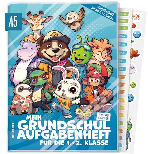 Hausaufgabenheft Grundschule A5 für die 1. + 2. Klasse ohne Datum mit Schutzhülle, Stickern, Lern- und Denkspielen Rasselbande - nachhaltig & klimafreundlich