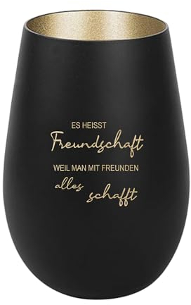 Der-Porzellan-Laden Windlicht mit Gravur Es heißt Freundschaft, Schwarz Gold, Teelichthalter aus Glas mit Spruch, Tischdeko modern