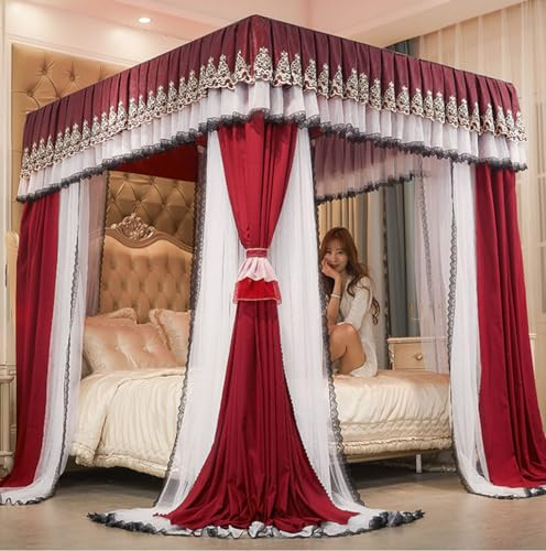 EsEntL Moskitonetz, Vier-Eck-Pfostenbett Baldachin Vorhang Prinzessin Moskitonetz, 3 seitliche Öffnungen Pfostenbett Vorhang Baldachin Netz Bettwäsche (Farbe: Weinrot, Größe: 180x200x200cm)