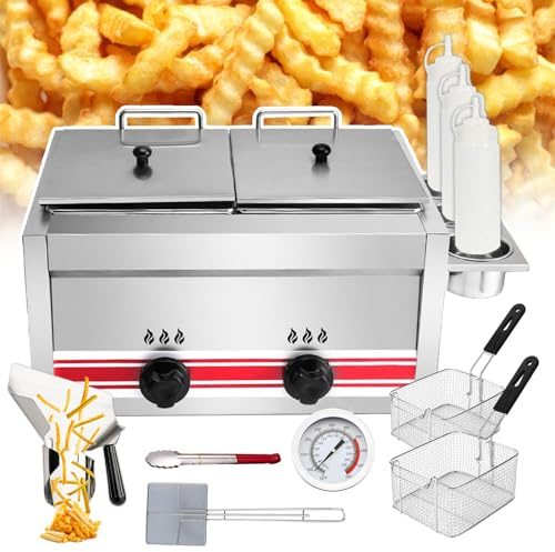 json2xml Commercial Stainless Steel Dual Pot Deep Fryer with Adjustable Firepower -10L+10L Dual Tank Fryer for Kitchen Restaurant,with basket/sauce bottle/oil temperature gauge/clip/spoon*2